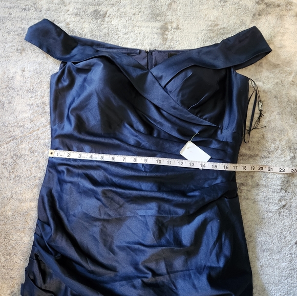 La Femme Off the Shoulder Ruched Satin Trumpet Gown Size 14 - Picture 8 of 9